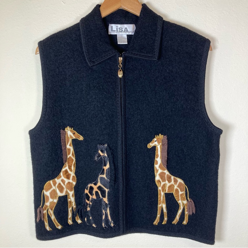 Vintage Lisa International Boiled Wool Giraffe Zip Vest Safari Animal L